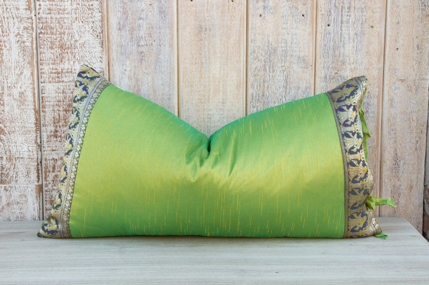 Lime Green Large Festive Indian Silk Queen Lumbar Pillow Cover