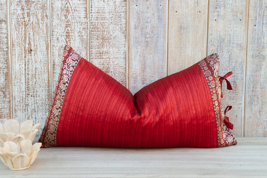 Rohi Large Festive Indian Silk Pillowcase Made with Vintage Fabric and Lace