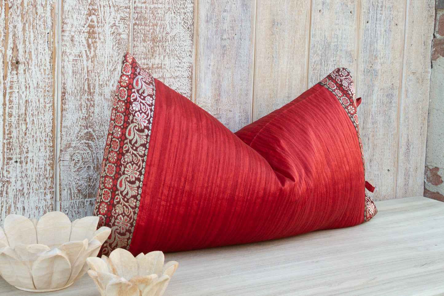 Rohi Large Festive Indian Silk Pillowcase Made with Vintage Fabric and Lace
