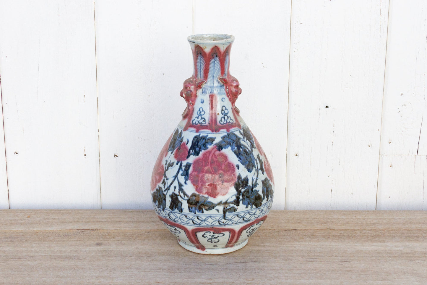 Vintage Blue & Red Chinese Meiping Pottery Vase