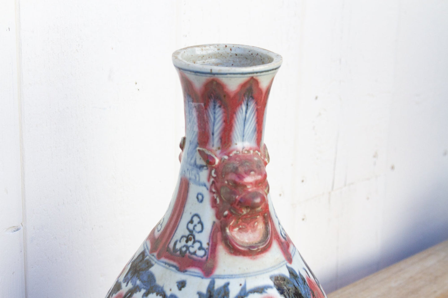 Vintage Blue & Red Chinese Meiping Pottery Vase