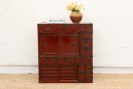 Striking Antique Red Japanese Tansu Cabinet