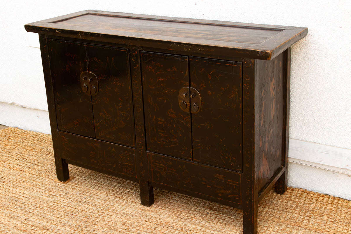 Antique Black Lacquer Chinoiserie Buffet Cabinet