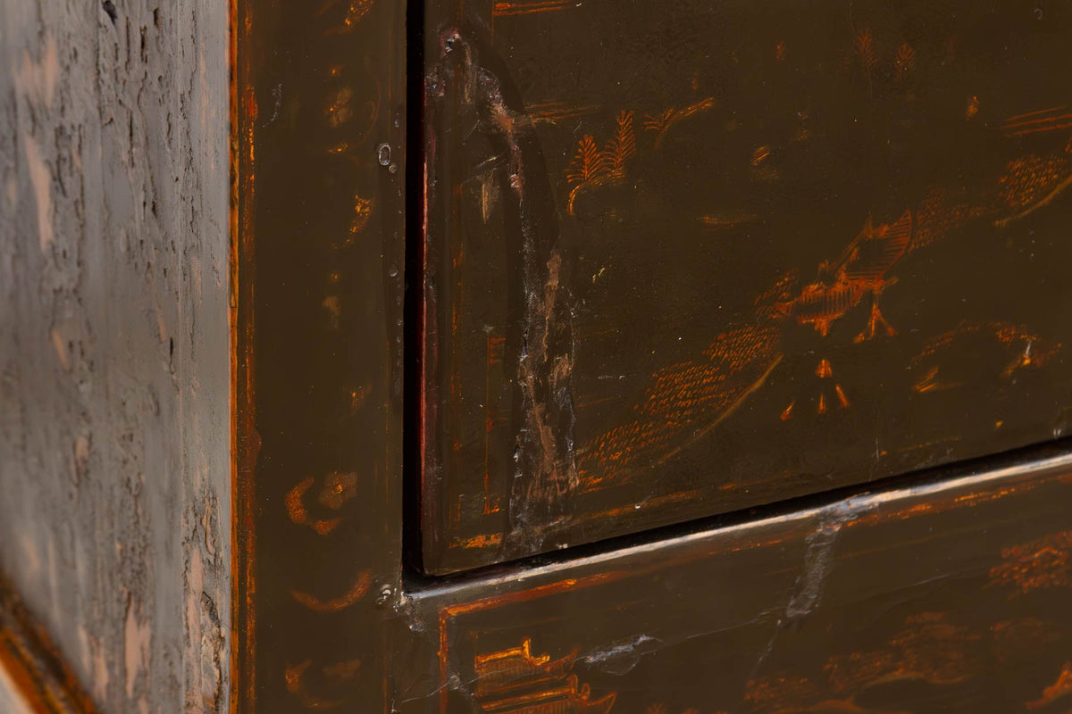 Antique Black Lacquer Chinoiserie Buffet Cabinet