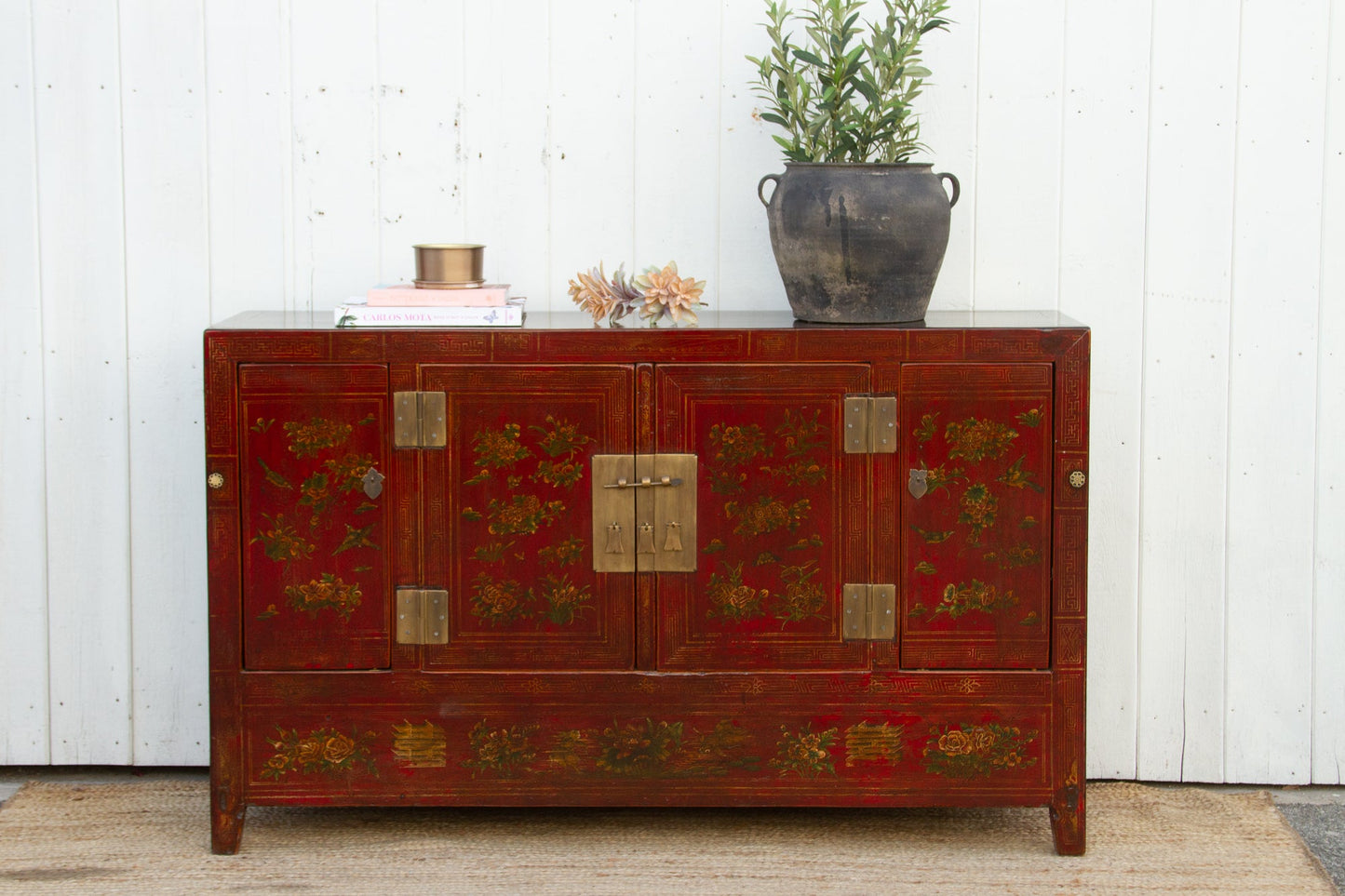 Beautifully Painted Antique Chinese Floral Credenza
