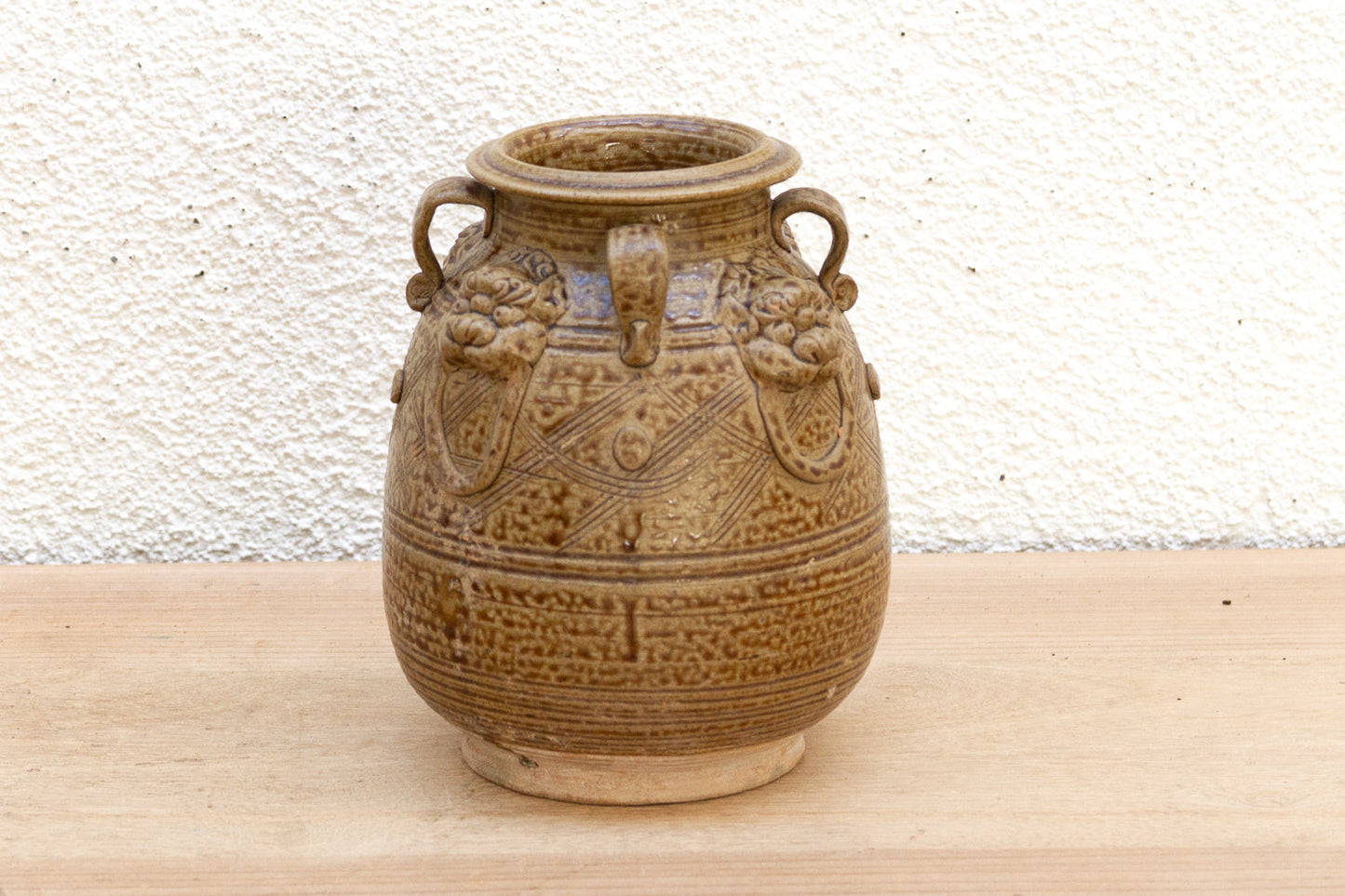 Antique Lionhead Provincial Brown Glaze Jar
