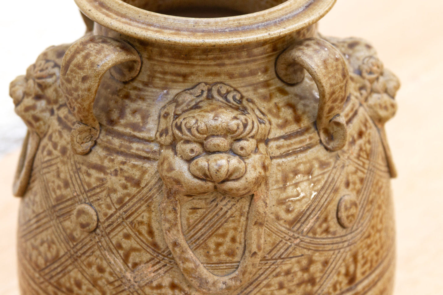 Antique Lionhead Provincial Brown Glaze Jar