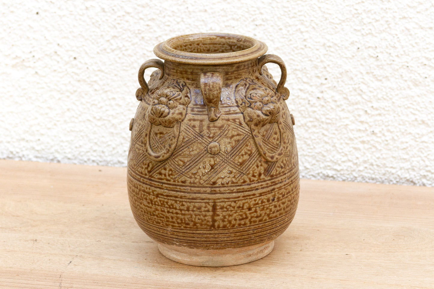 Antique Lionhead Provincial Brown Glaze Jar