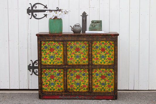 Antique Painted Floral Tibetan Cabinet