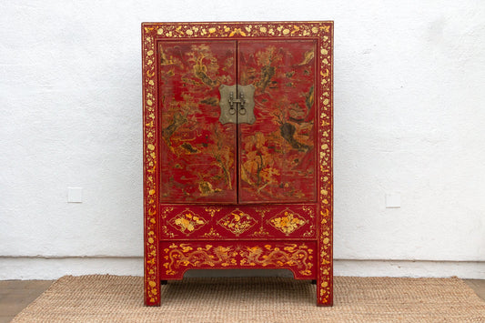 Antique Oriental Red & Guilt Lacquered Armoire