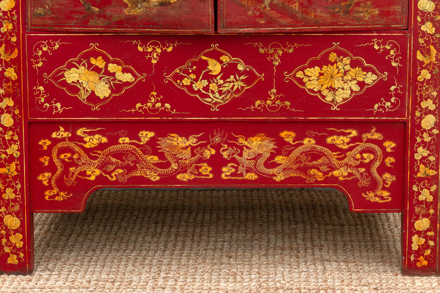 Antique Oriental Red & Guilt Lacquered Armoire