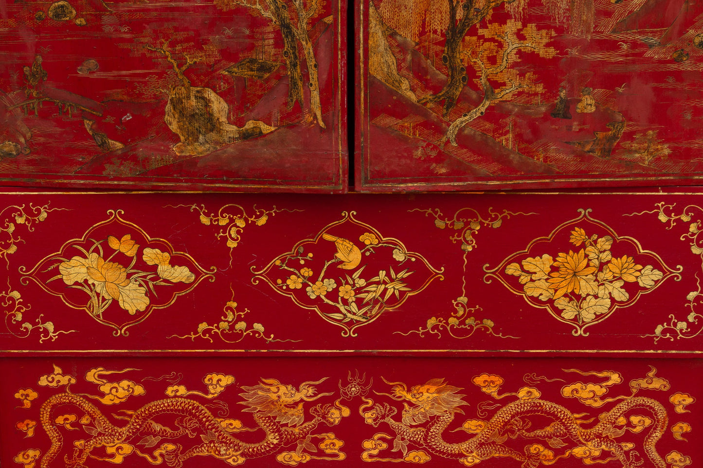 Antique Oriental Red & Guilt Lacquered Armoire