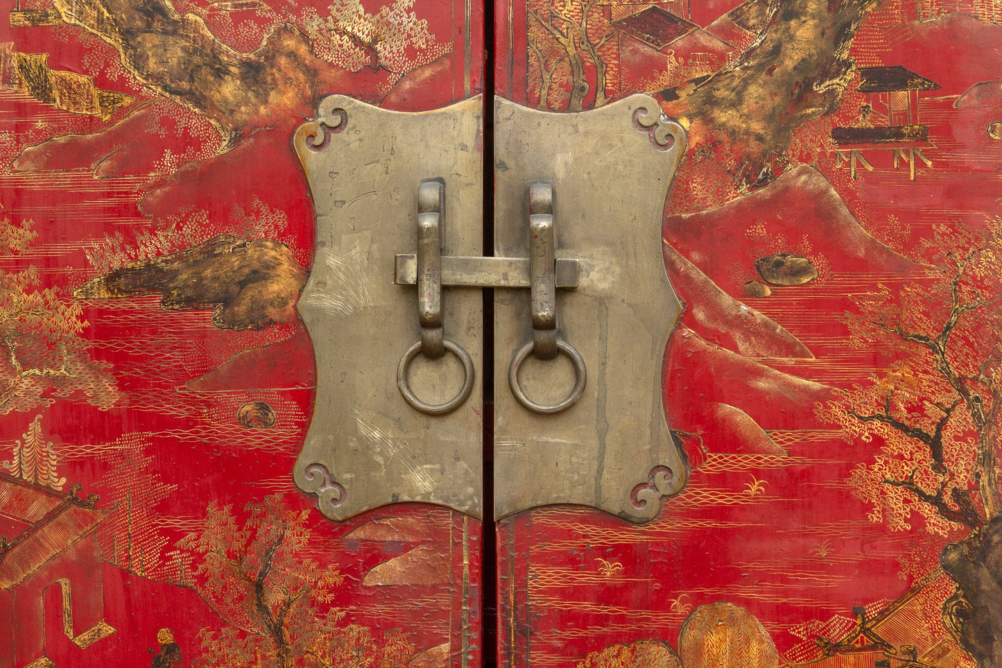 Antique Oriental Red & Guilt Lacquered Armoire