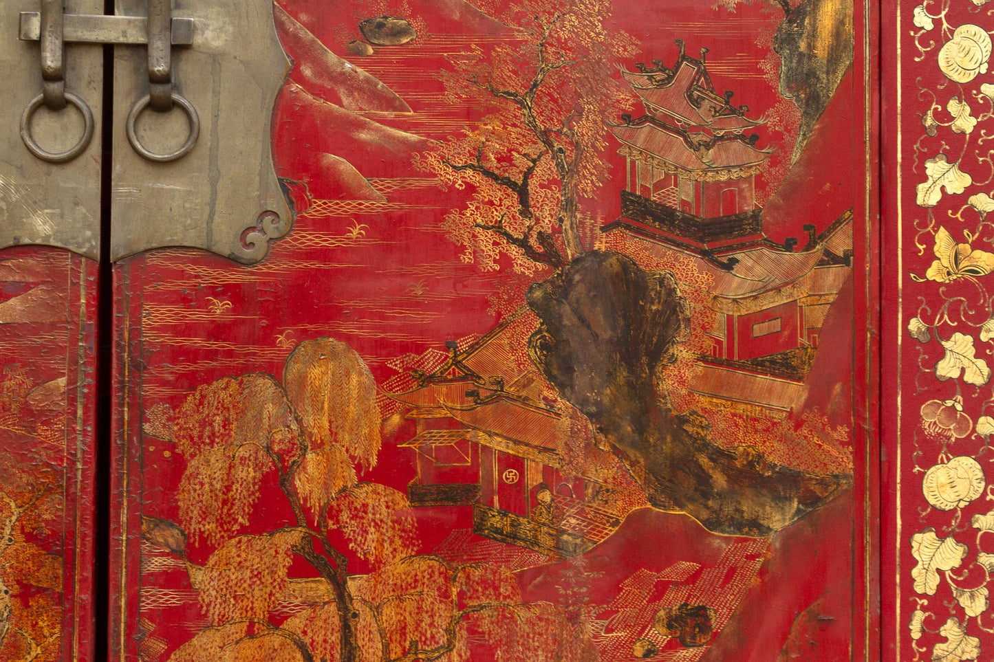 Antique Oriental Red & Guilt Lacquered Armoire