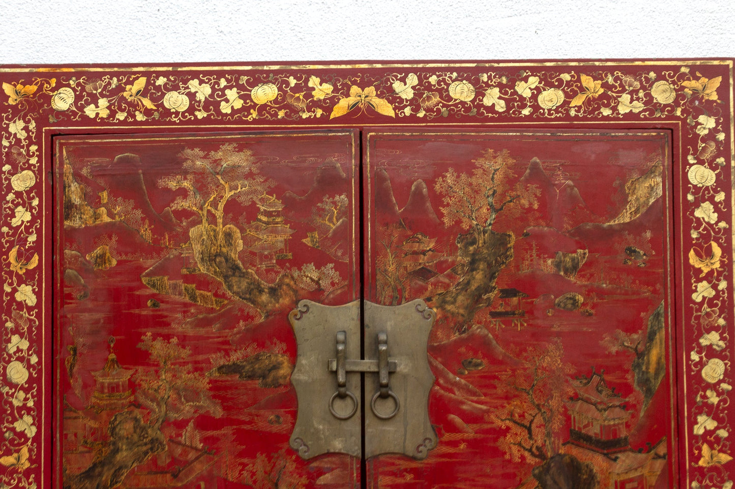 Antique Oriental Red & Guilt Lacquered Armoire