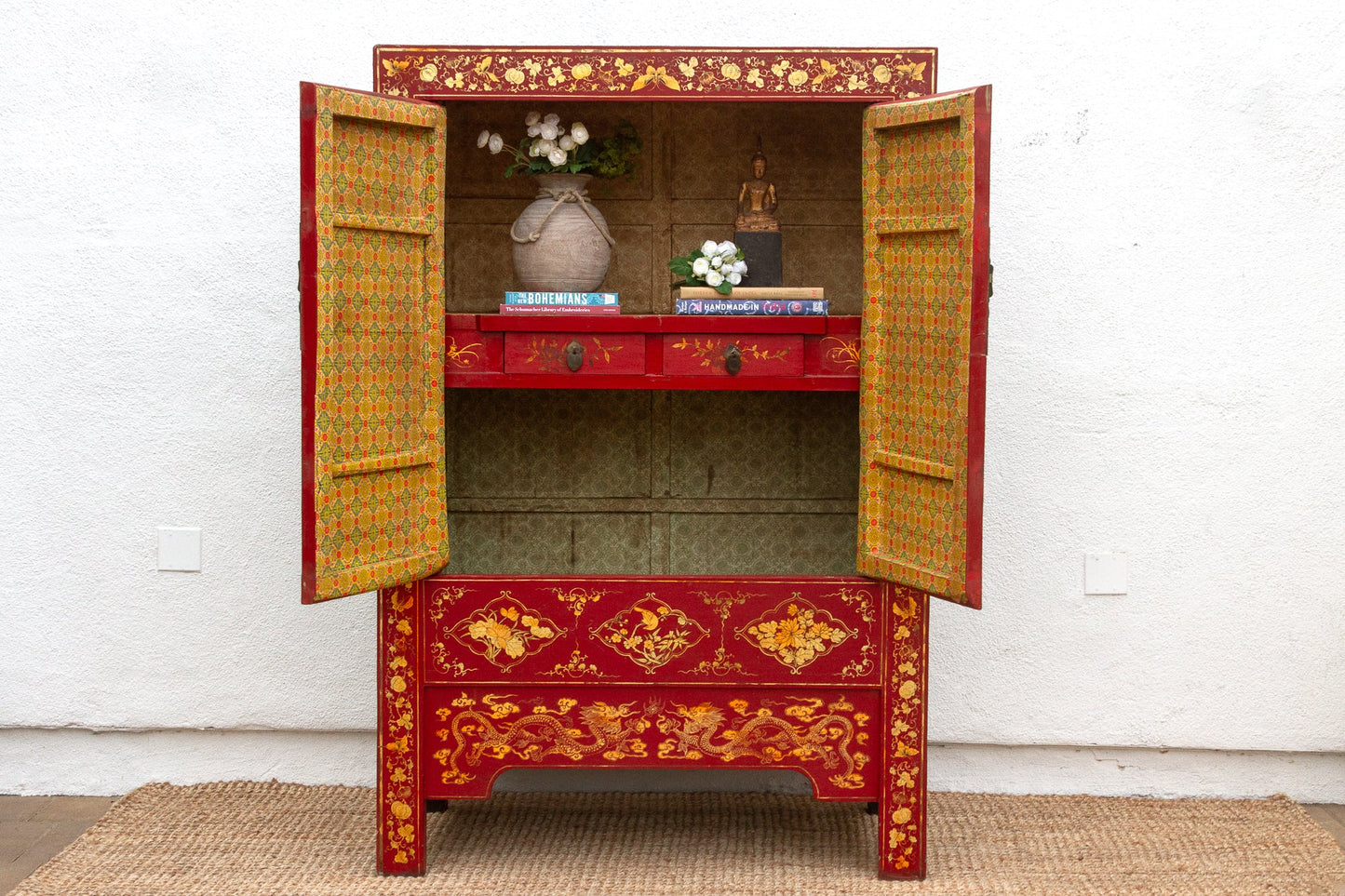 Antique Oriental Red & Guilt Lacquered Armoire
