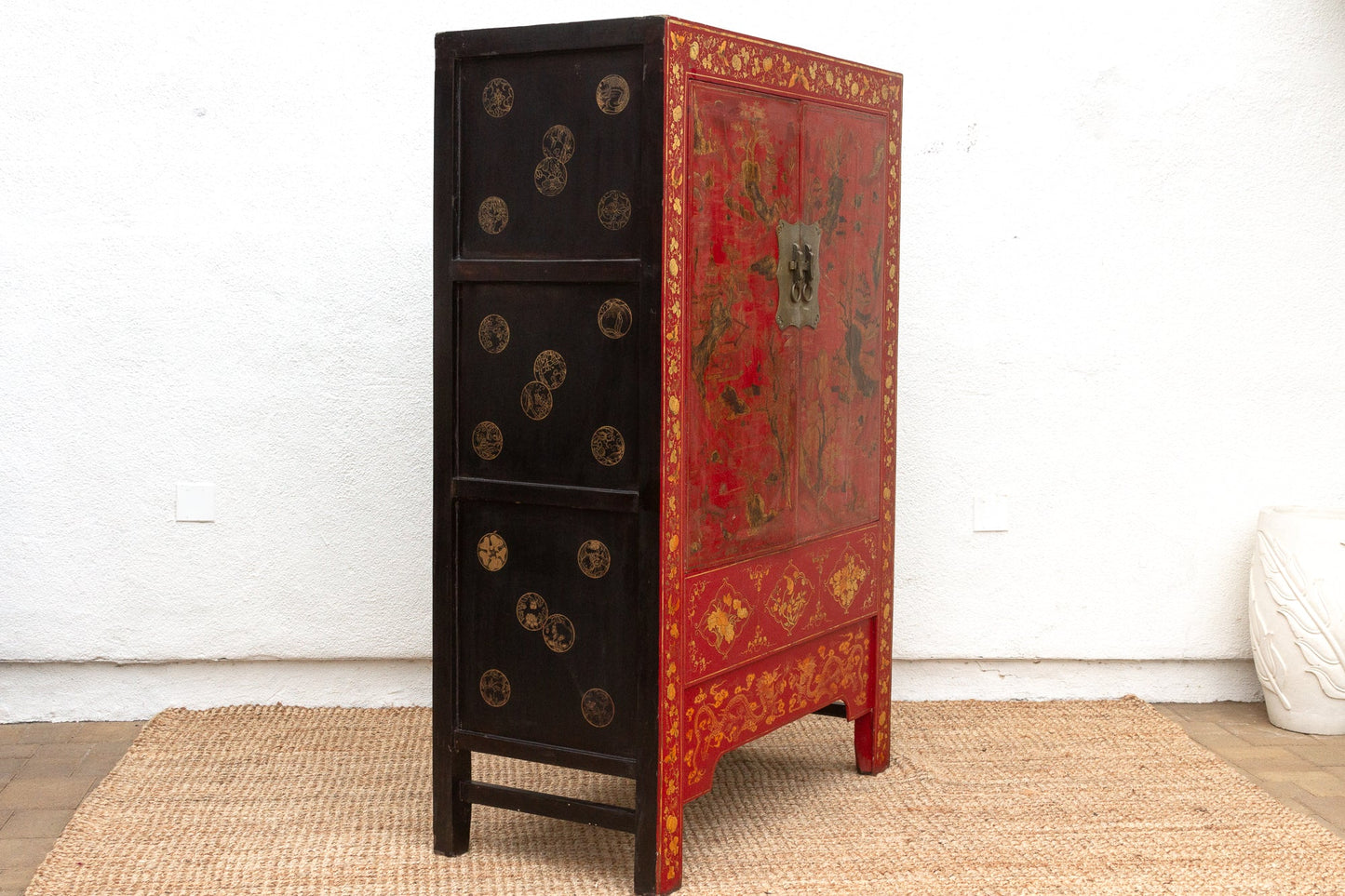 Antique Oriental Red & Guilt Lacquered Armoire