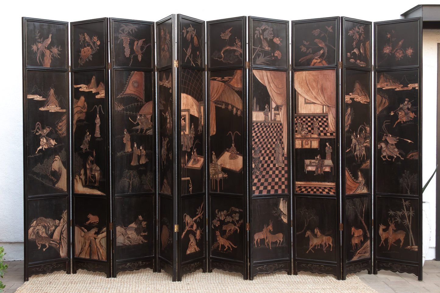 Antique Monumental Black & Gold 10-Panel Coromandel Screen