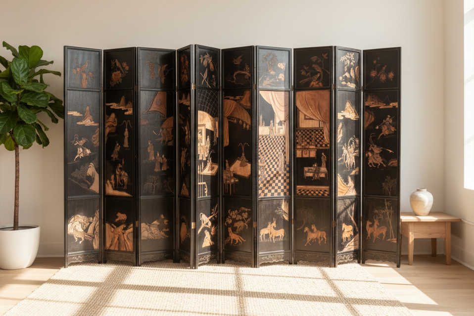 Antique Monumental Black & Gold 10-Panel Coromandel Screen
