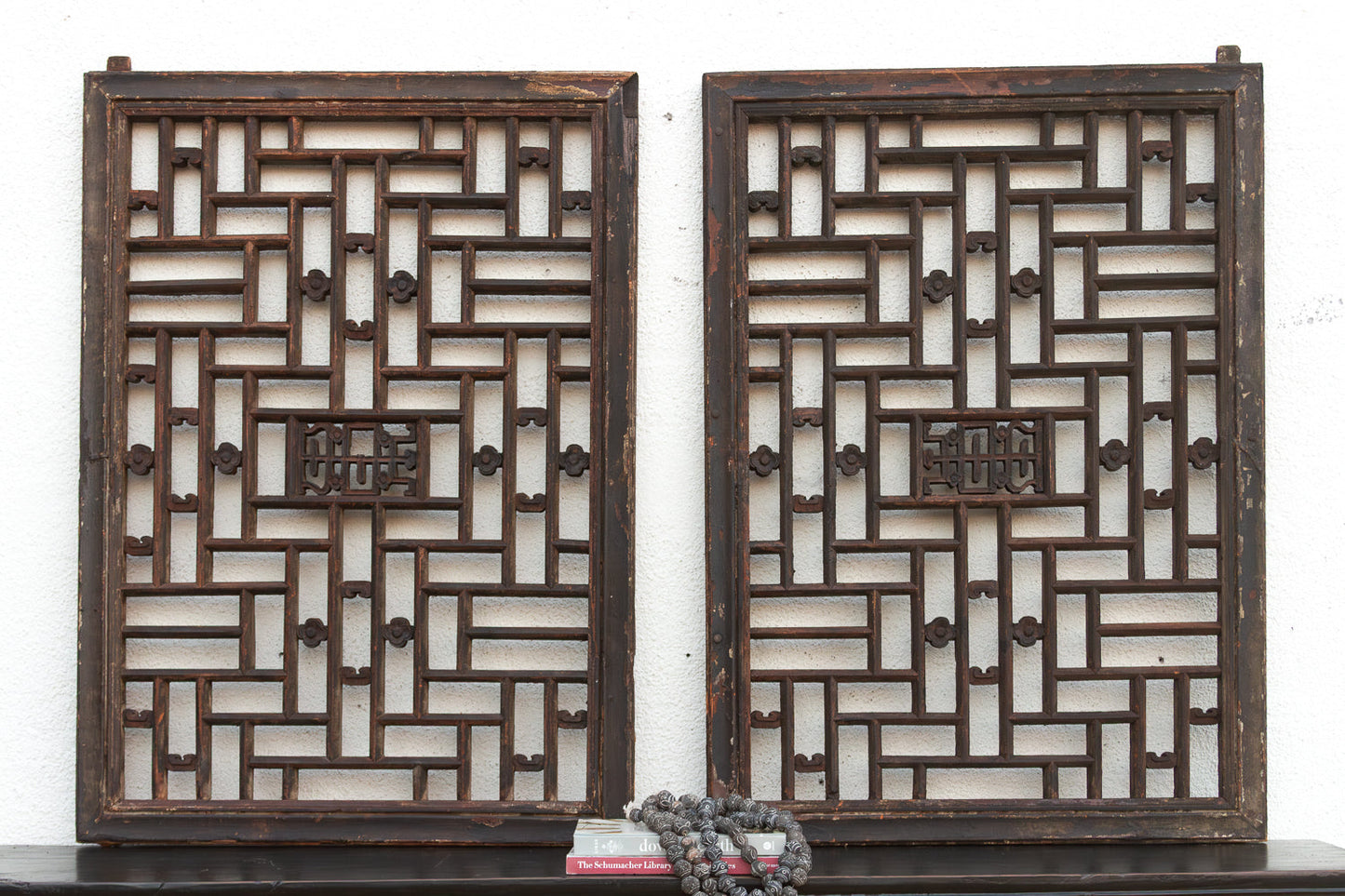 Pair of Antique Qing Dynasty Geometric Lattice Windows