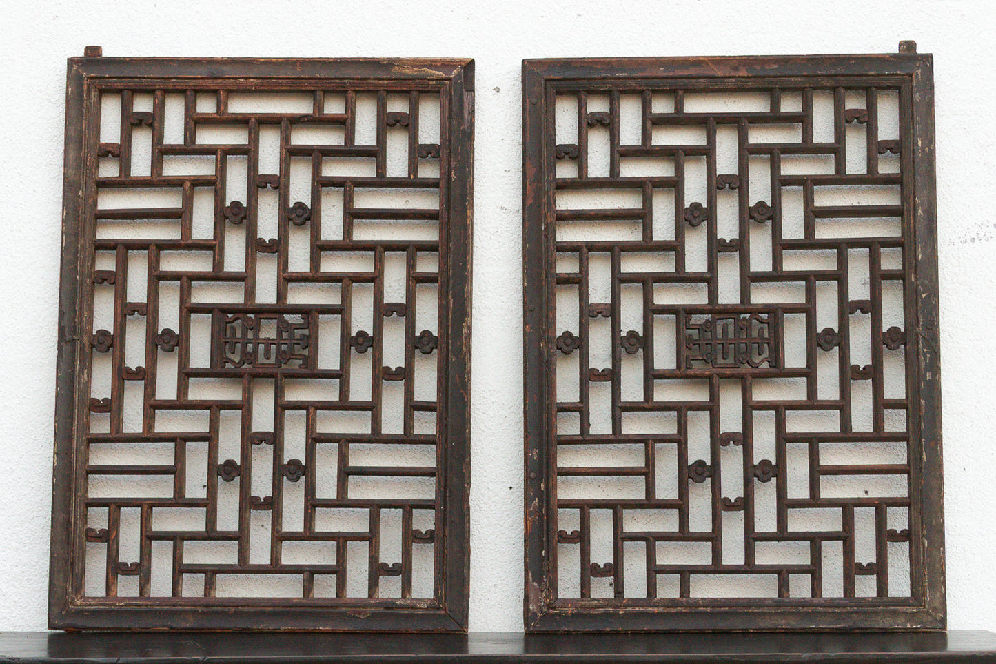Pair of Antique Qing Dynasty Geometric Lattice Windows