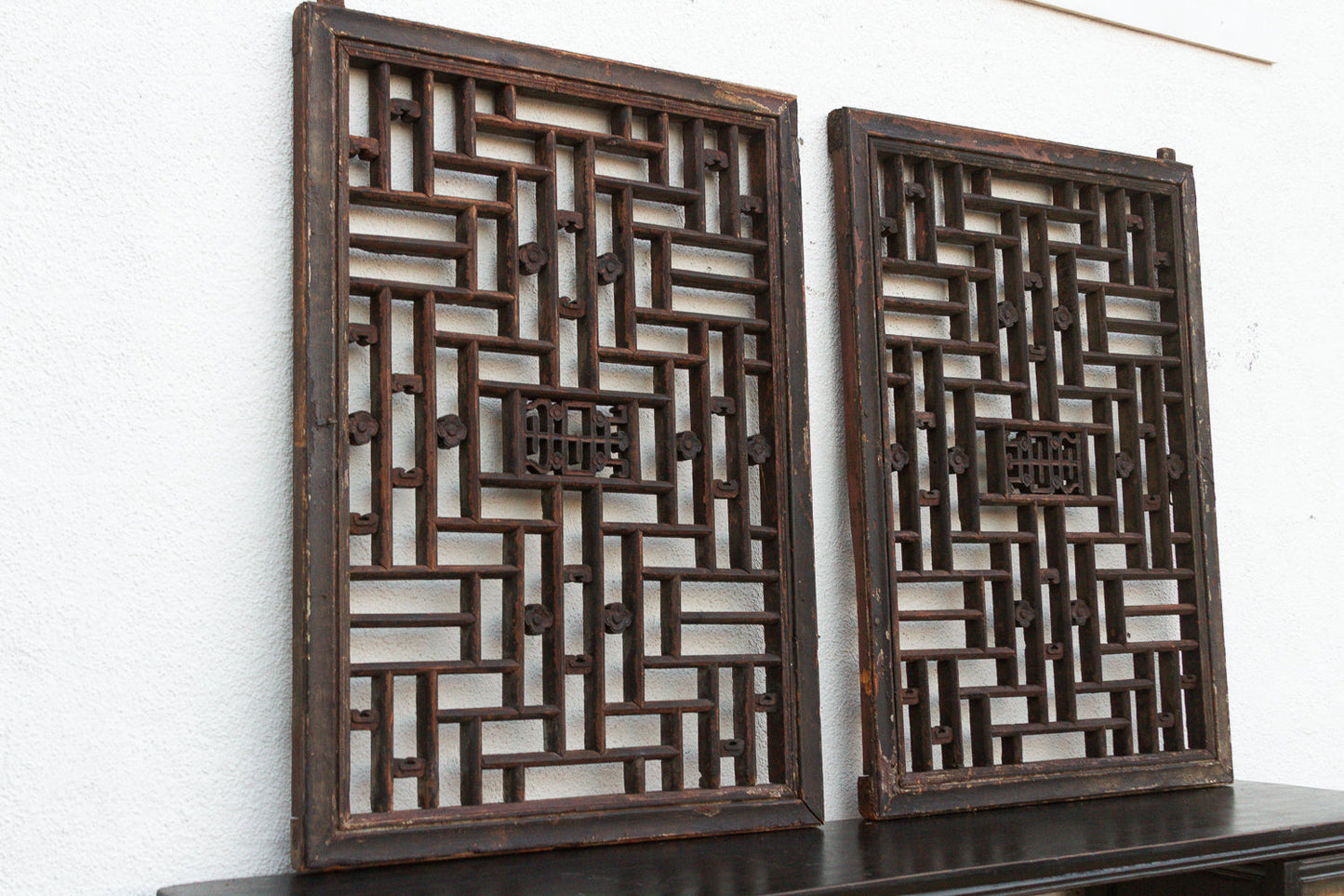Pair of Antique Qing Dynasty Geometric Lattice Windows