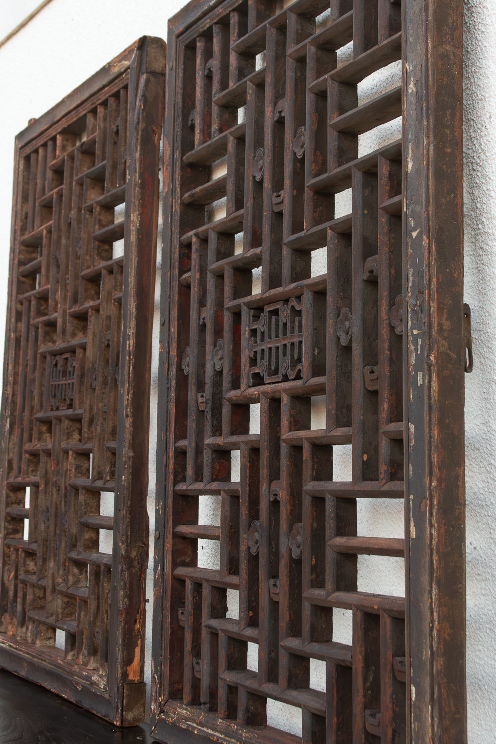 Pair of Antique Qing Dynasty Geometric Lattice Windows
