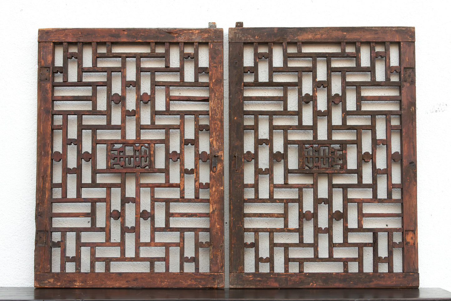 Pair of Antique Qing Dynasty Geometric Lattice Windows