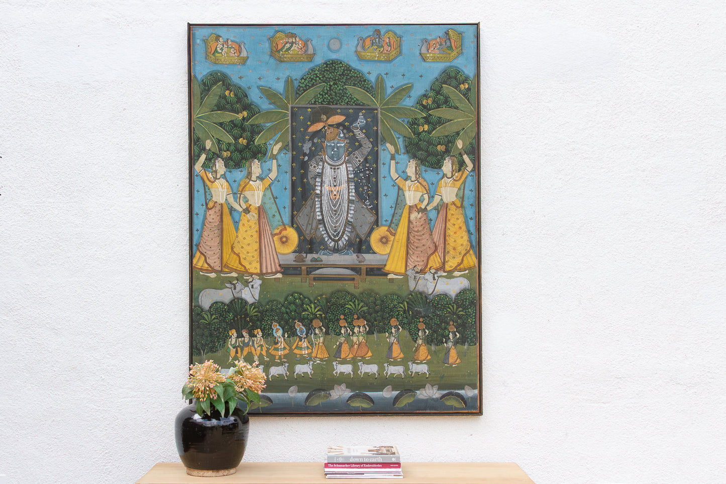 Large Vintage Krishna & Gopis Indian Devotional Painting