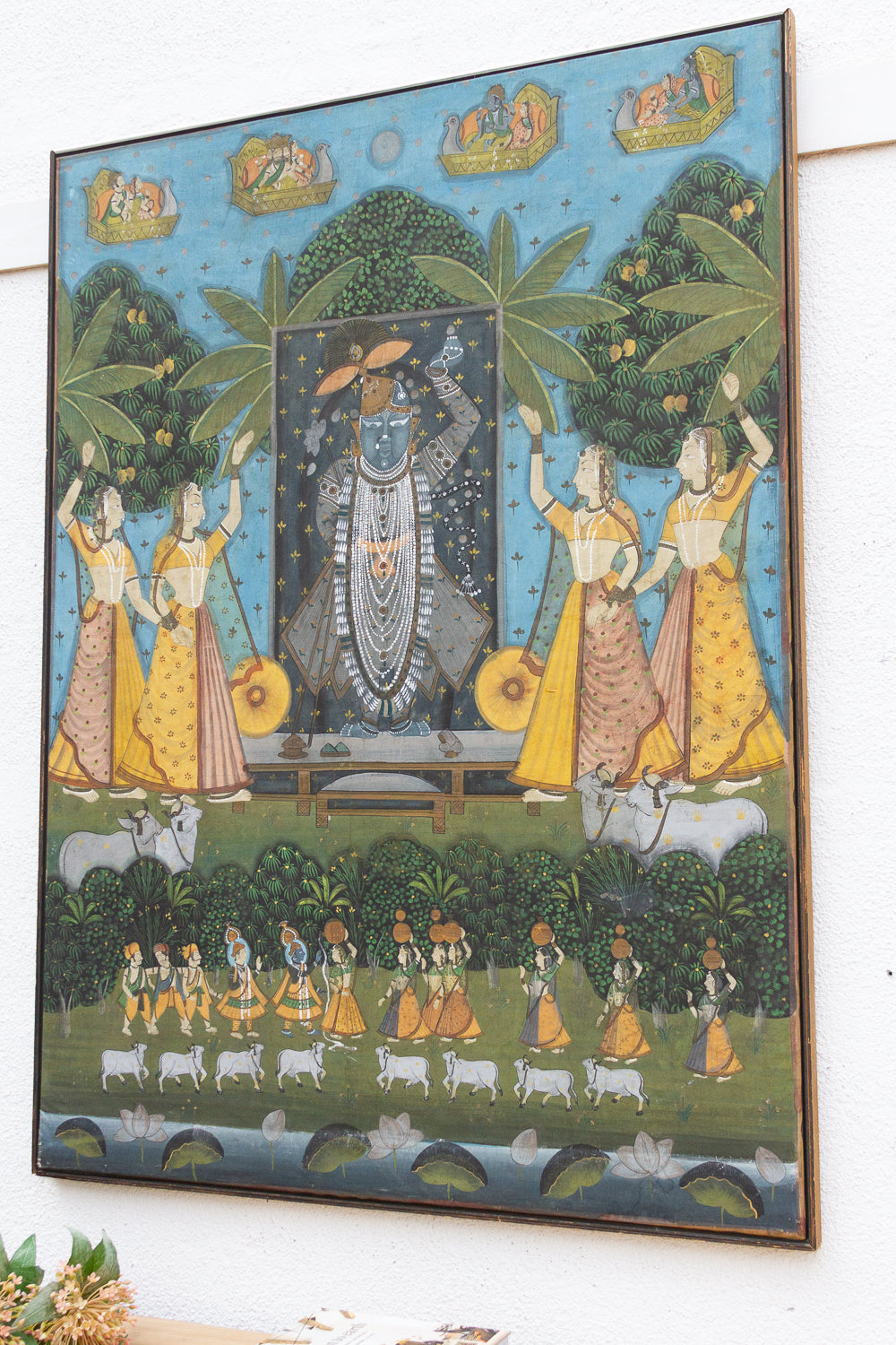 Large Vintage Krishna & Gopis Indian Devotional Painting