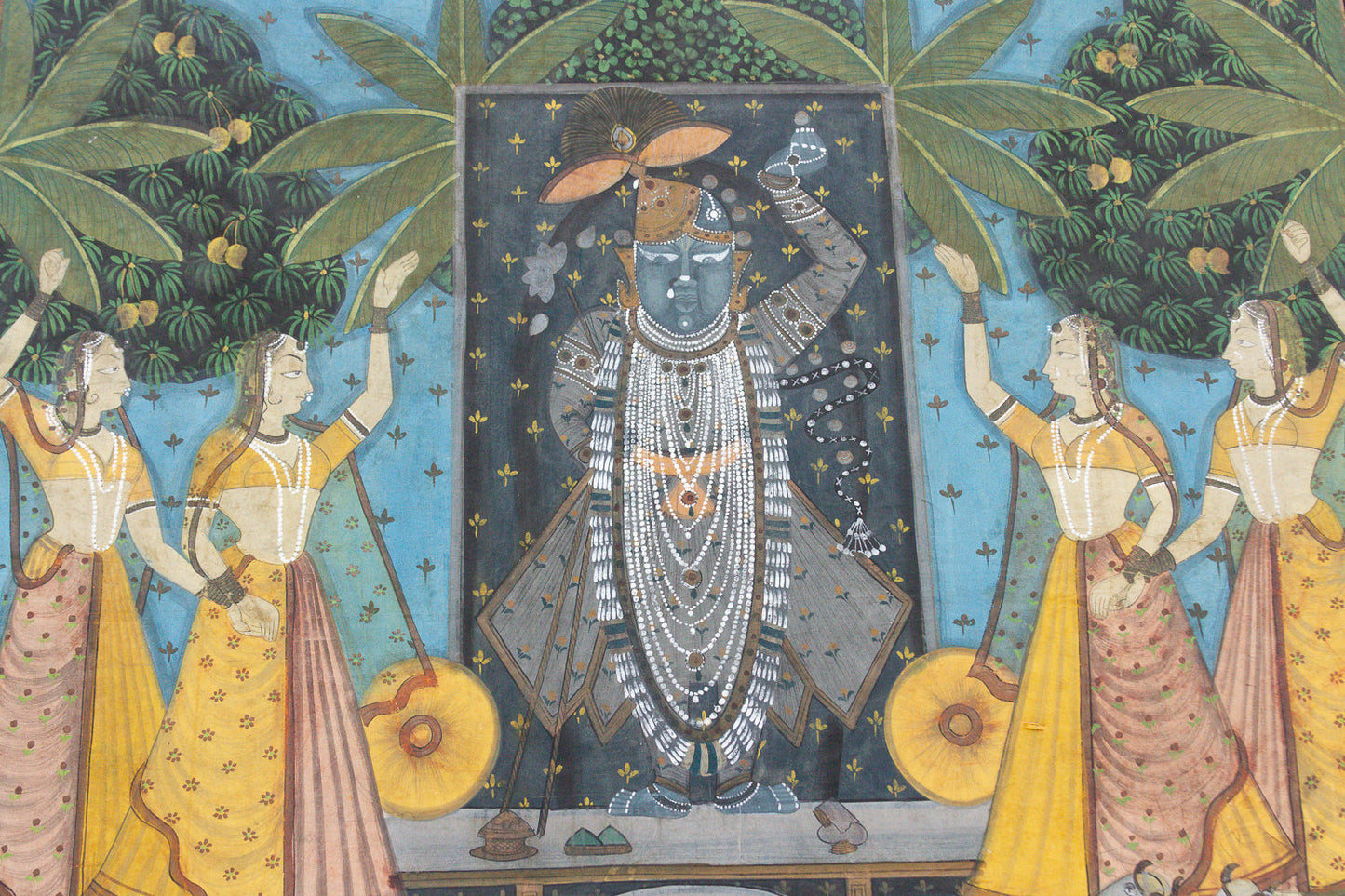 Large Vintage Krishna & Gopis Indian Devotional Painting