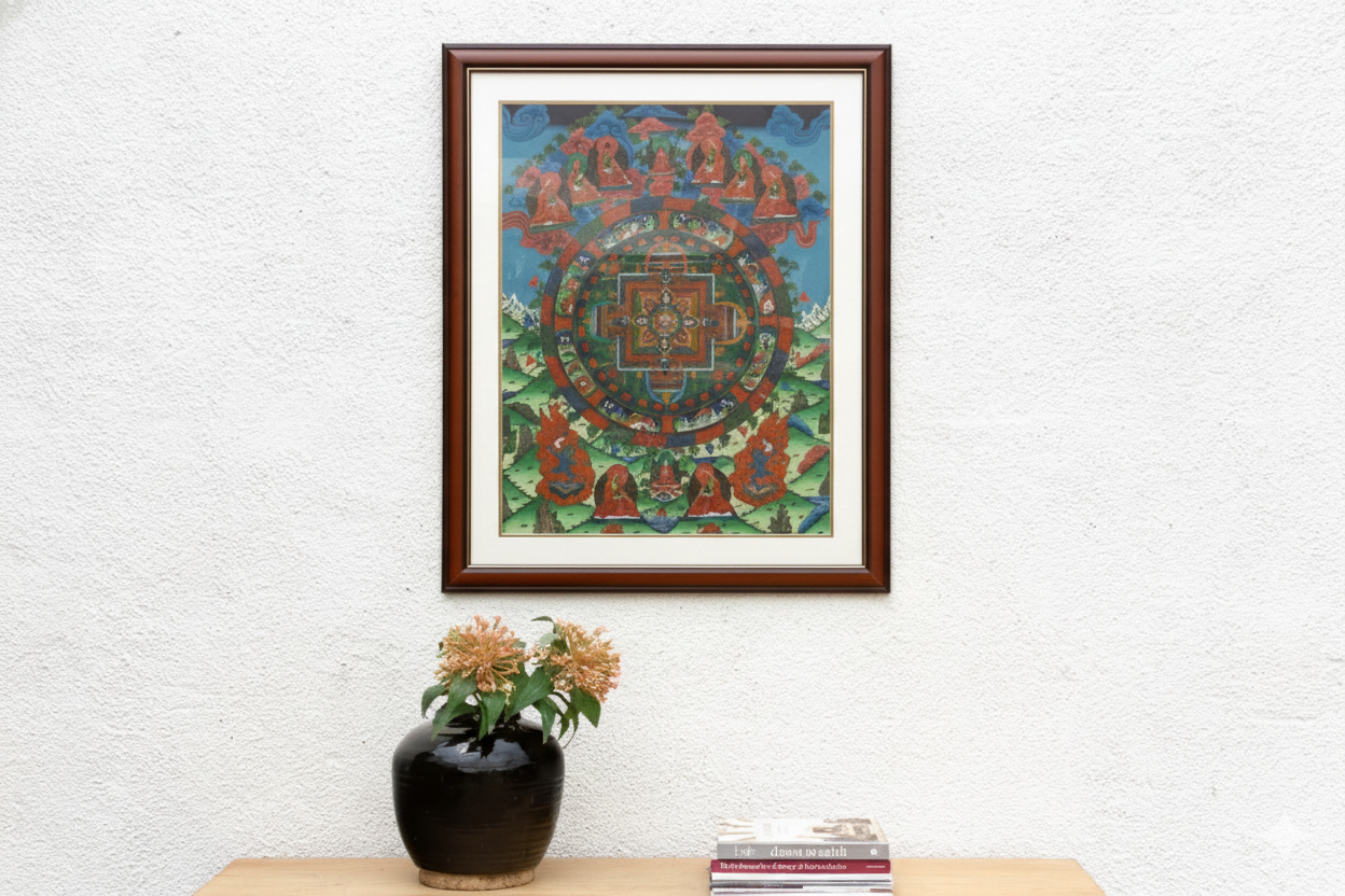 Framed Vintage Buddhist Mandala Tibetan Thangka