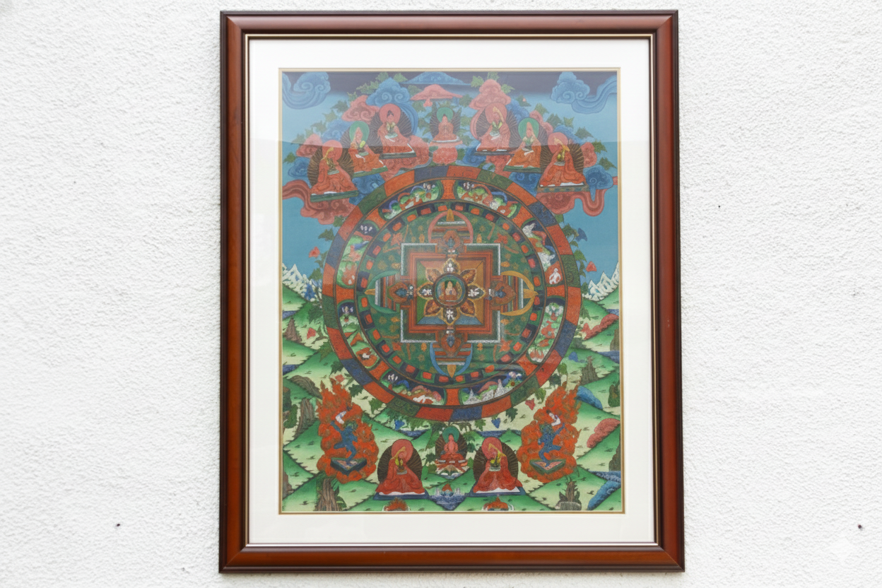 Framed Vintage Buddhist Mandala Tibetan Thangka