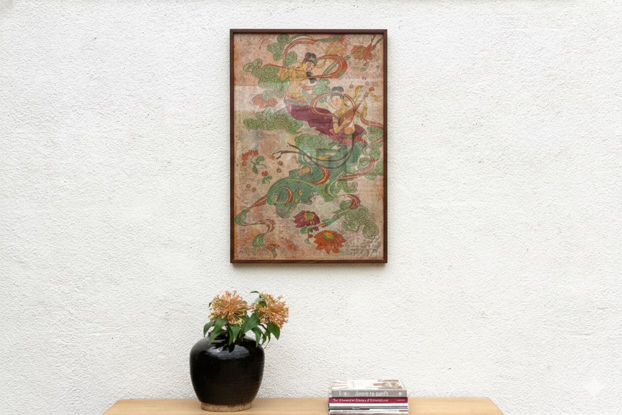 Vintage Framed Fresco-Style Chinese Mural Fragment Art