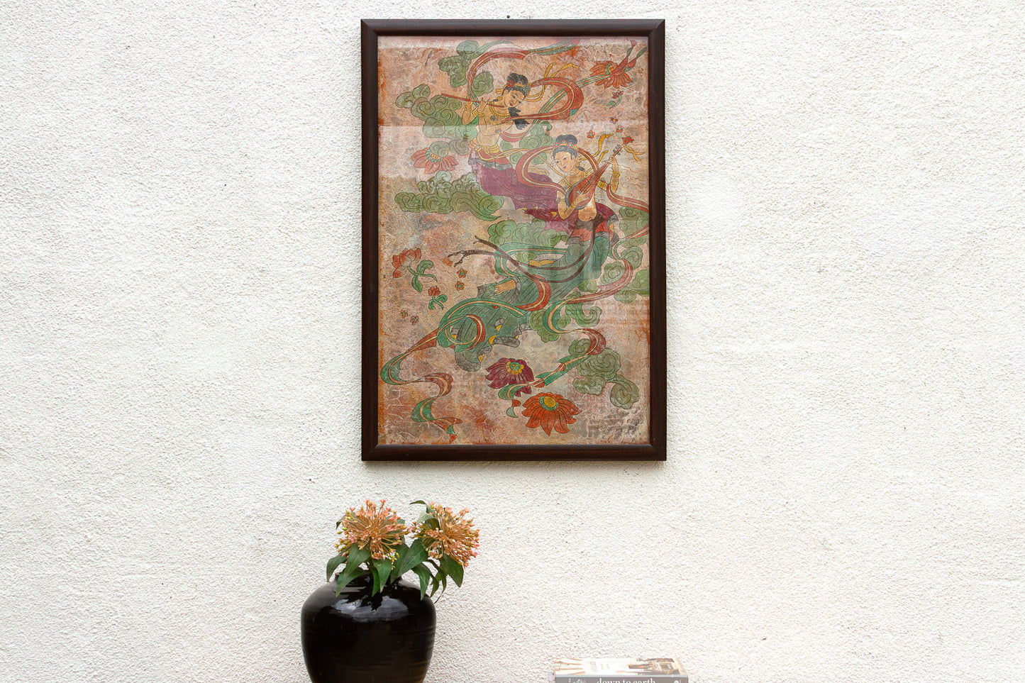 Vintage Framed Fresco-Style Chinese Mural Fragment Art