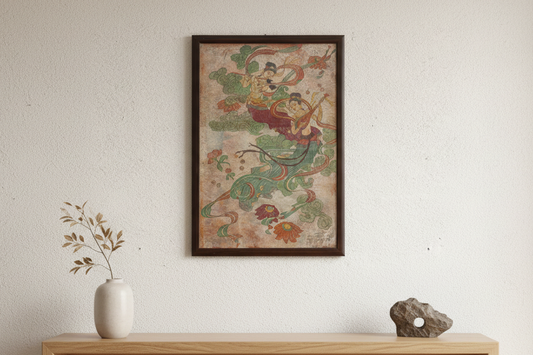 Vintage Framed Fresco-Style Chinese Mural Fragment Art