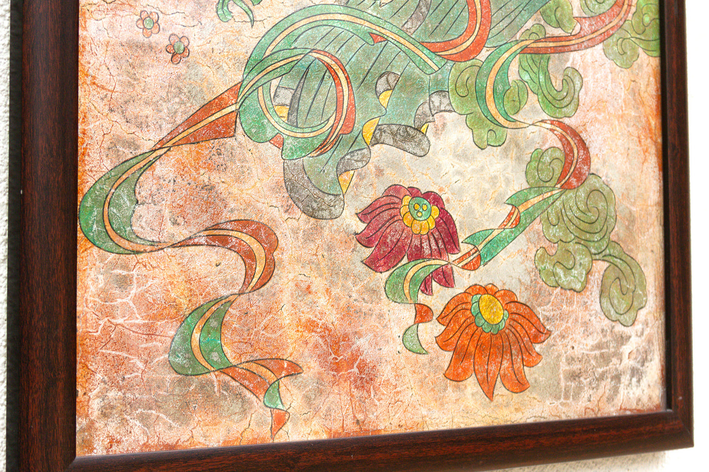 Vintage Framed Fresco-Style Chinese Mural Fragment Art