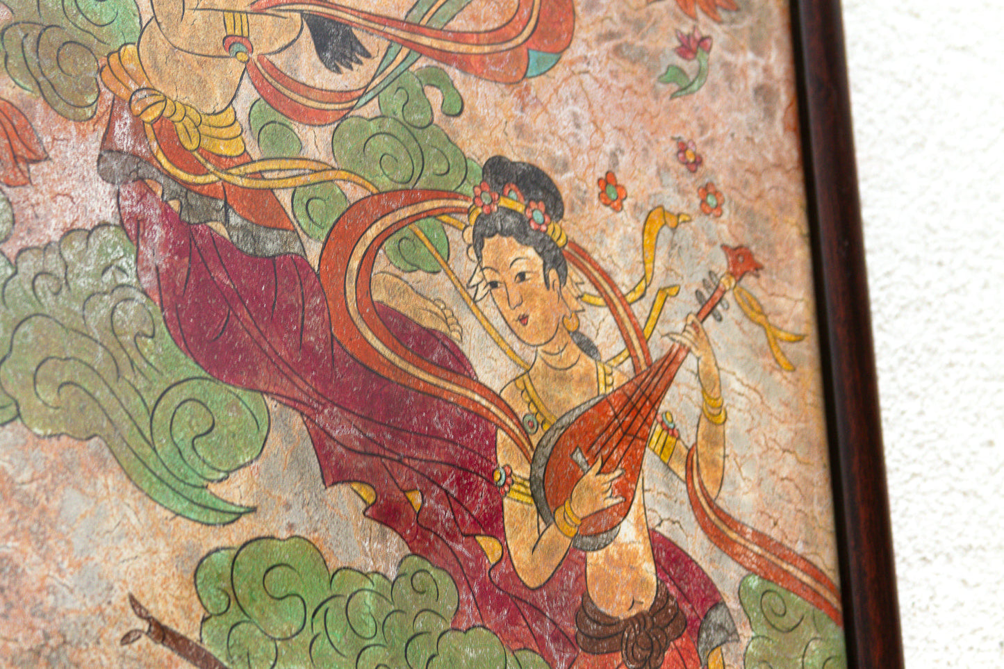 Vintage Framed Fresco-Style Chinese Mural Fragment Art