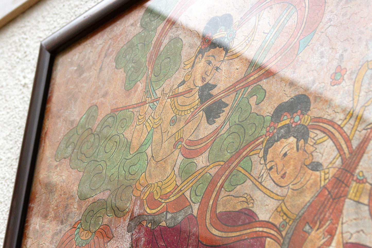 Vintage Framed Fresco-Style Chinese Mural Fragment Art