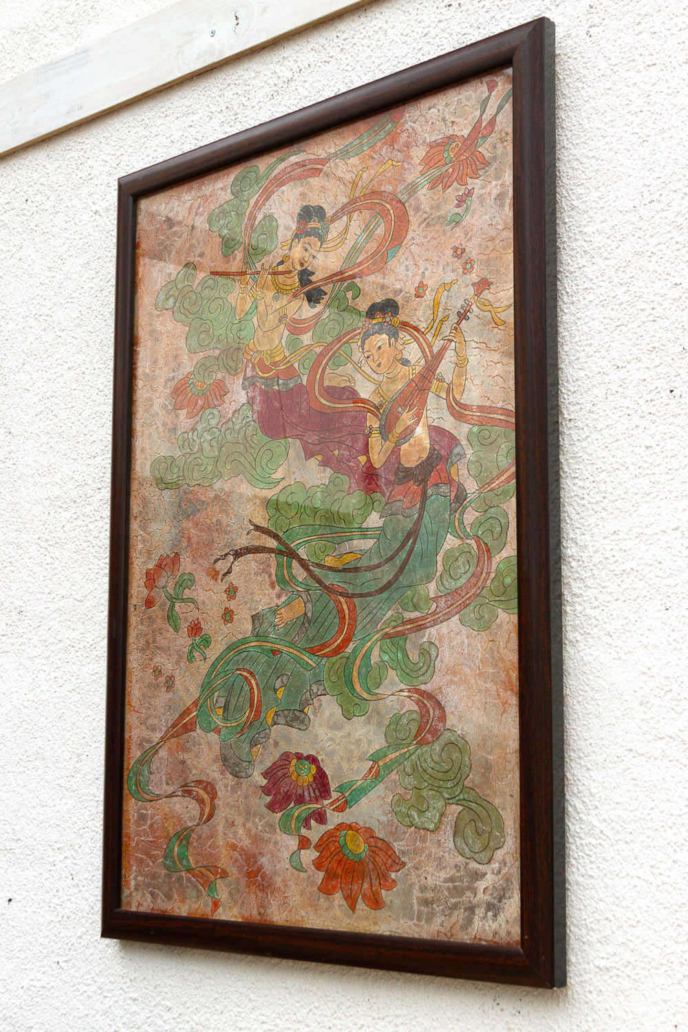 Vintage Framed Fresco-Style Chinese Mural Fragment Art