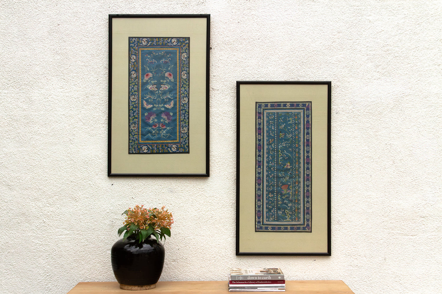 Pair of Antique Qing Dynasty Teal Blue Silk Embroidered Panels