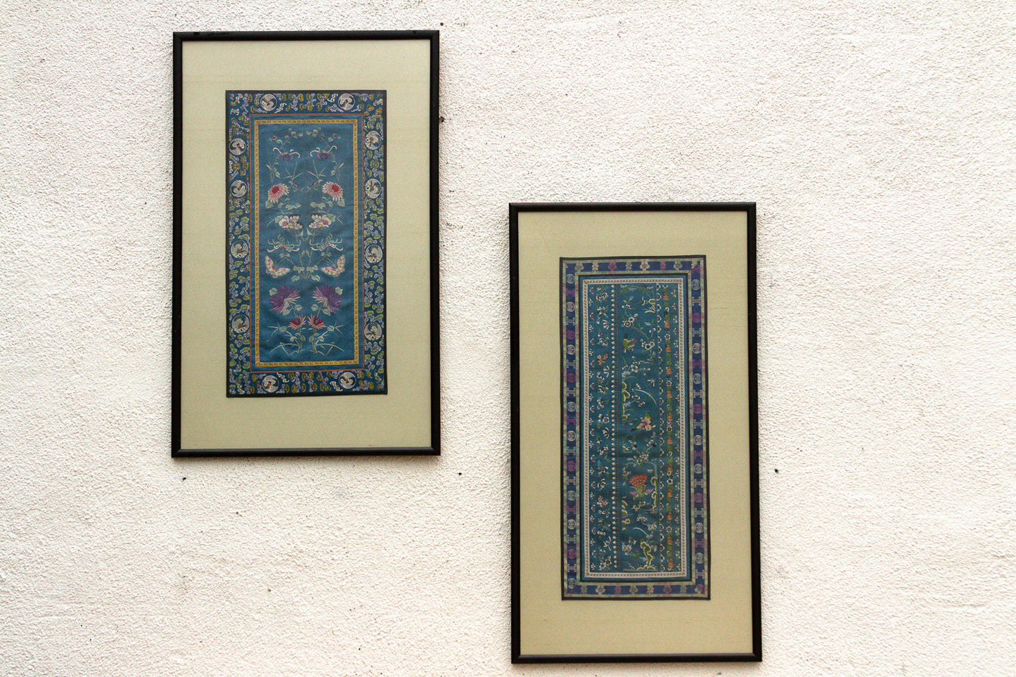 Pair of Antique Qing Dynasty Teal Blue Silk Embroidered Panels