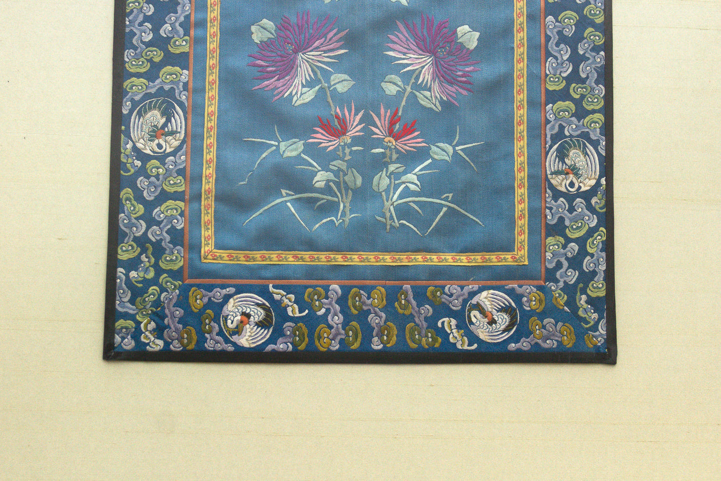Pair of Antique Qing Dynasty Teal Blue Silk Embroidered Panels
