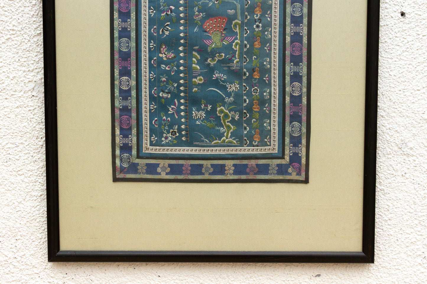 Pair of Antique Qing Dynasty Teal Blue Silk Embroidered Panels