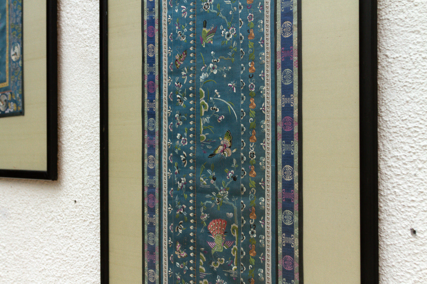 Pair of Antique Qing Dynasty Teal Blue Silk Embroidered Panels