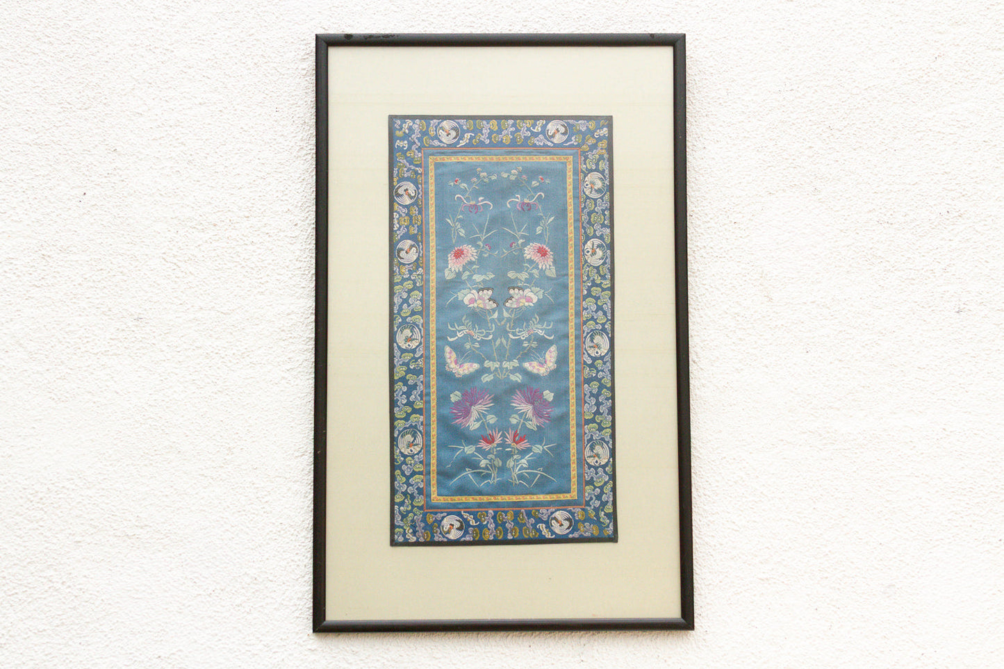 Pair of Antique Qing Dynasty Teal Blue Silk Embroidered Panels