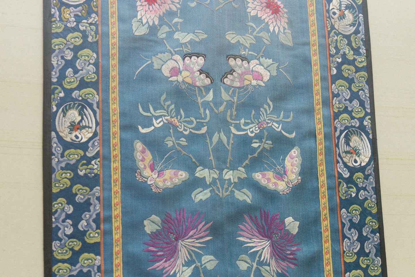 Pair of Antique Qing Dynasty Teal Blue Silk Embroidered Panels
