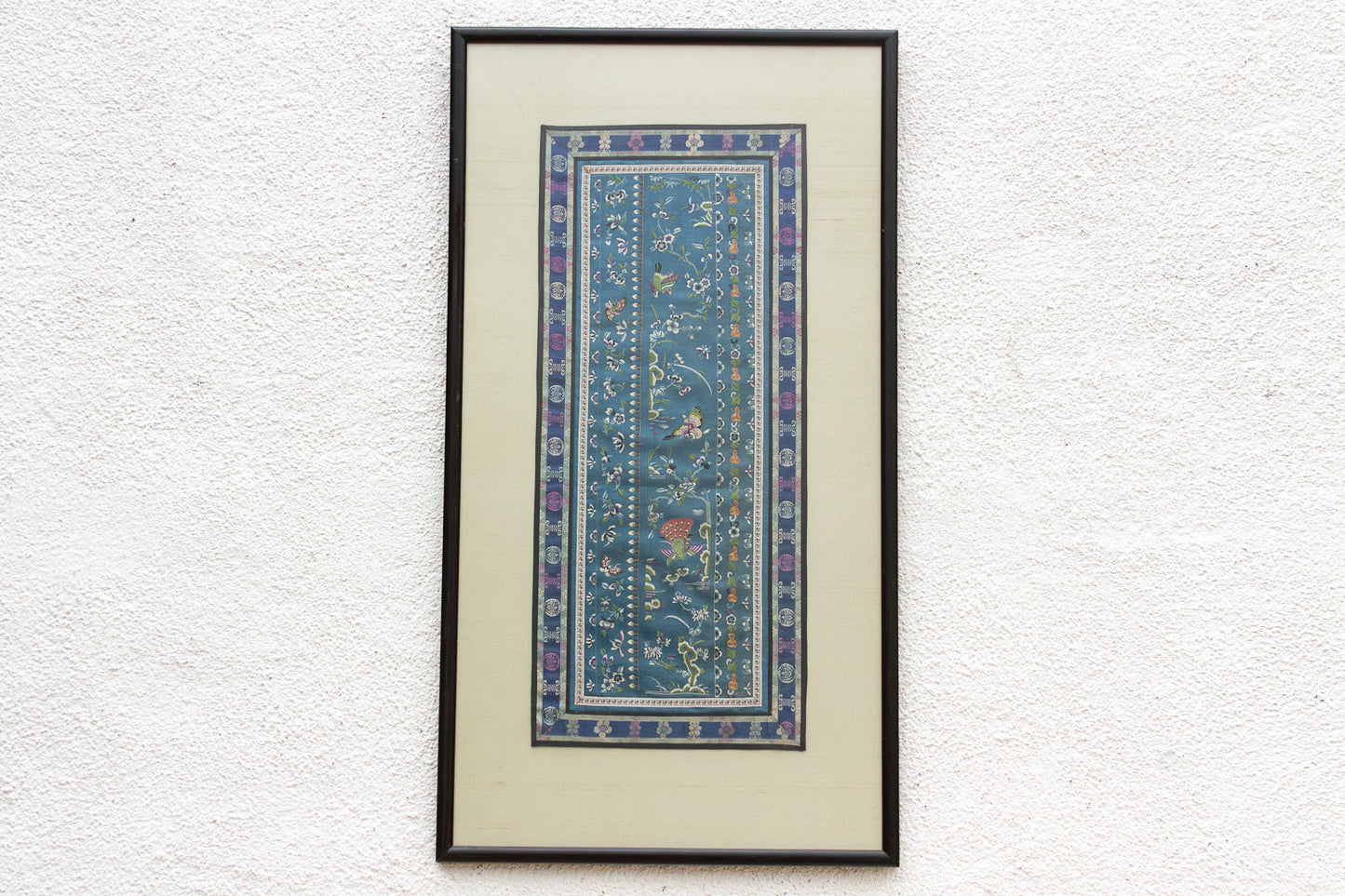 Pair of Antique Qing Dynasty Teal Blue Silk Embroidered Panels