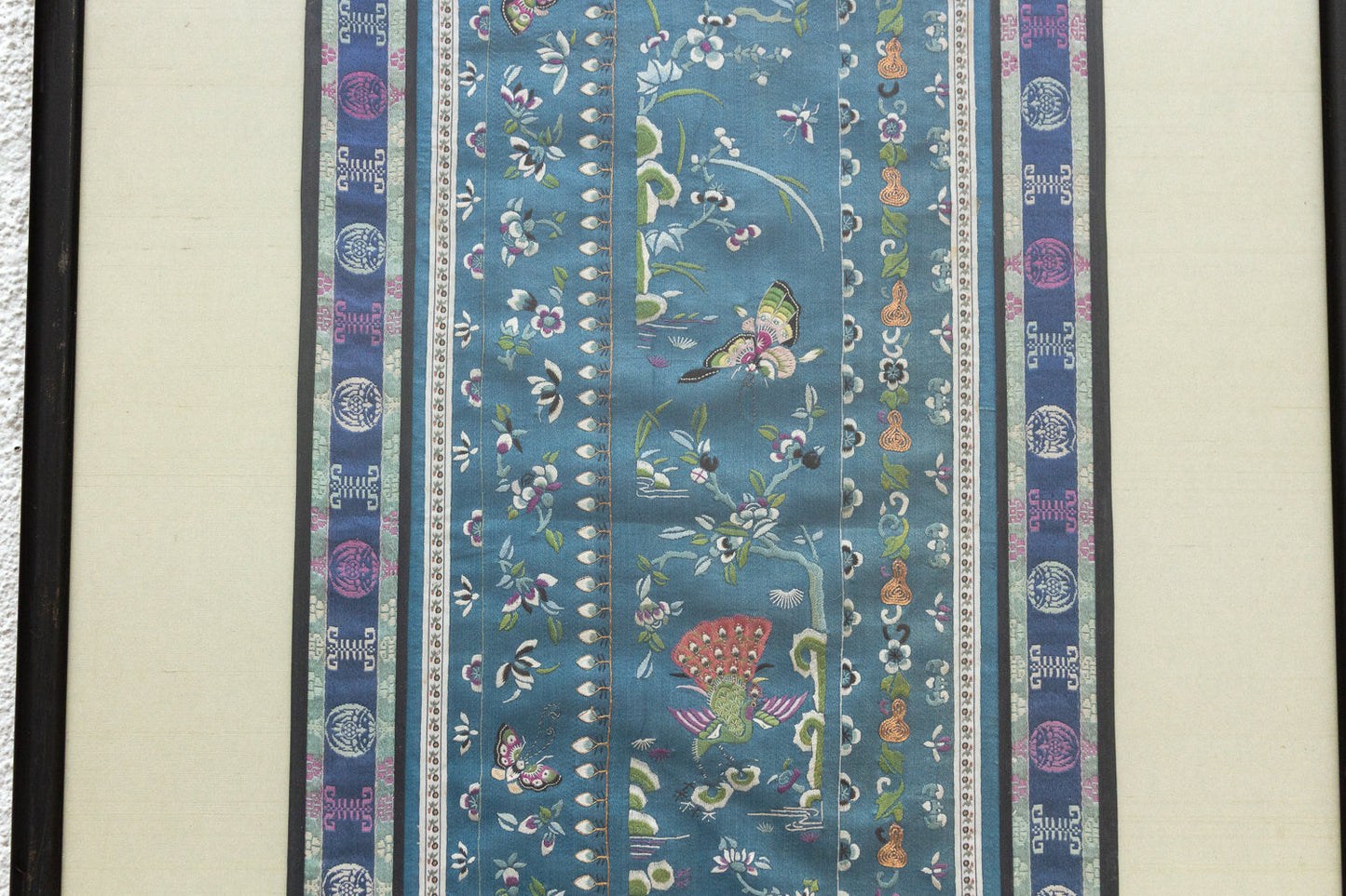 Pair of Antique Qing Dynasty Teal Blue Silk Embroidered Panels