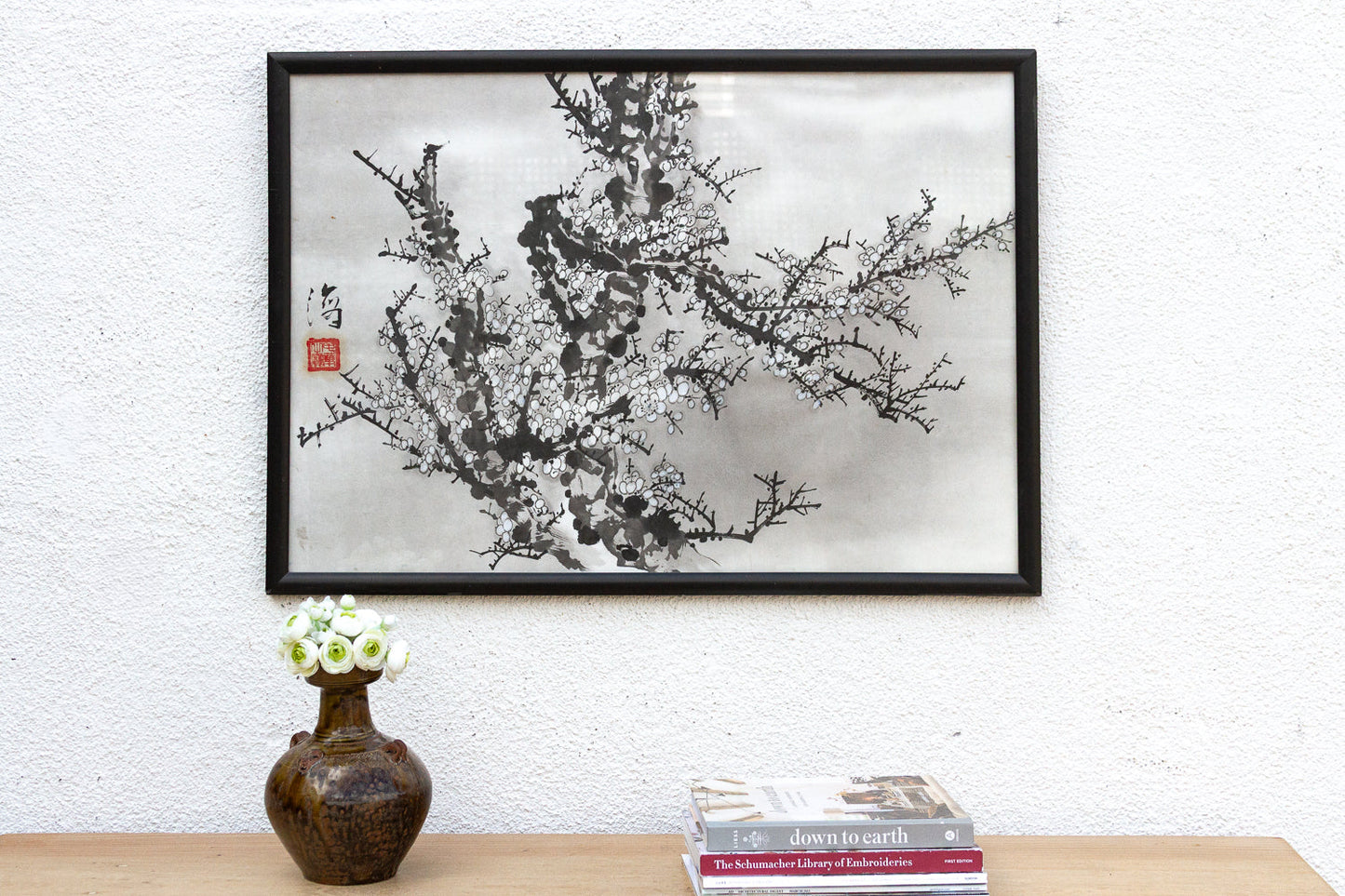 Framed Vintage Chinese Ink Wash Plum Blossom Painting
